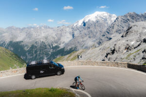 Vago Cycling van supporting a cyclist on the Stelvio Pass