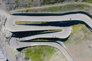 An aerial view of the harpin turns on the Stelvio Pass